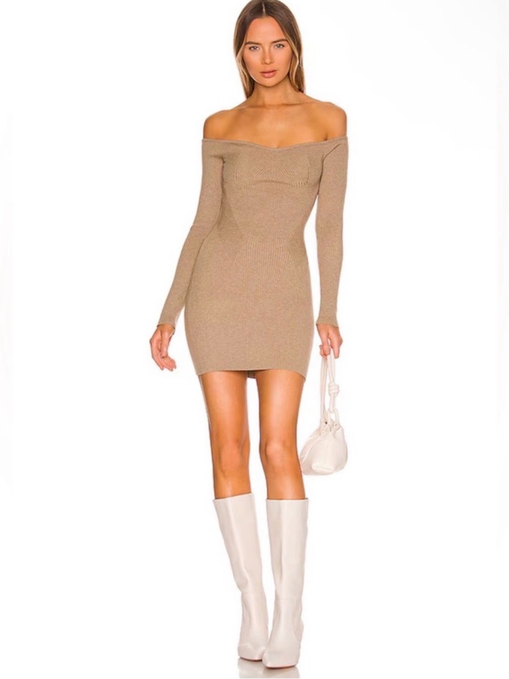 NBD Zacari Bodycon Mini Dress Olive Green/ Dark Tan Off Shoulder Ribbed XS